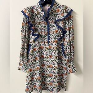 Floral Ruffle Cotton Dress with Blue Accents Size Large